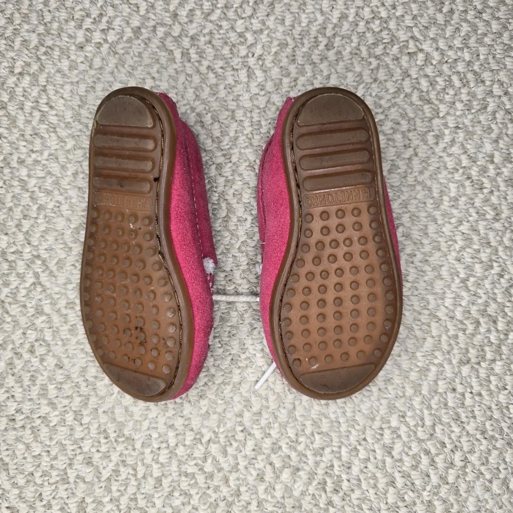 Minnetonka Beaded Thunderbird Pink Moccasins with White Bow Details